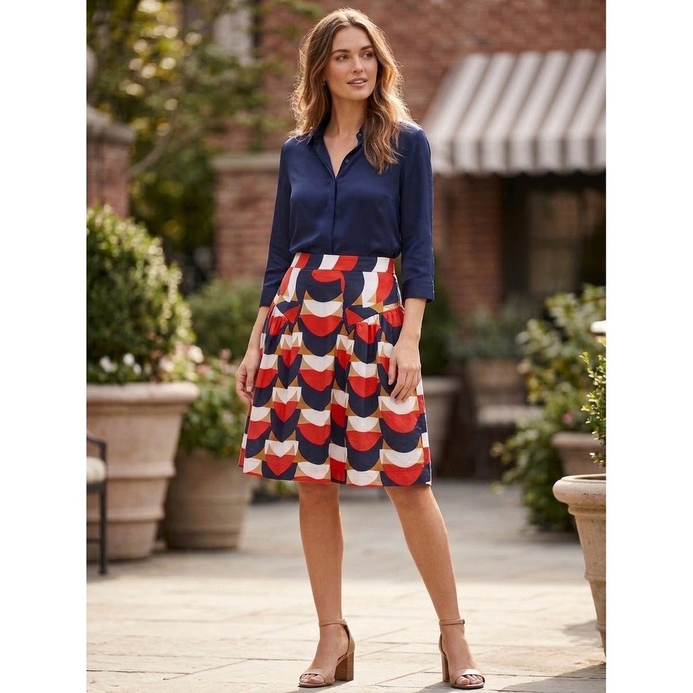 Milly of New York Geometric Print Cotton A-Line Skirt Red Navy Blue Size 6